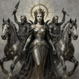 concept art by artgerm, death of the four horsemen of the apocalypse, soft grey natural light, intricate, queen death, highly detailed dark art, digital painting, artstation, concept art, smooth, sharp focus, illustration, art by greg rutkowski and luis rollo and uang guangjian and gil elvgren, symmetry!