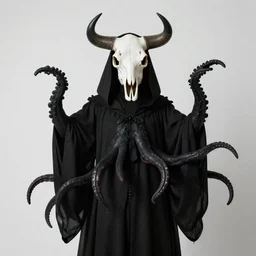 a figure dressed in black robes with tentacles for arms, wearing a mask in the shape of a cow Skull