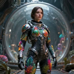 octane render portrait by wayne barlow and carlo crivelli and glenn fabry, focus on a woman in a skintight shiny black spacesuit with intricate iridescent metal detailing, covered in bright colorful tropical alien flora inside a massive cavernous metal dome, cinema 4 d, ray traced lighting, very short depth of field, bokeh
