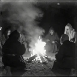 Early black and white photograph of robed figures around a bonfire, creepy, faded, very blurry, 8mm