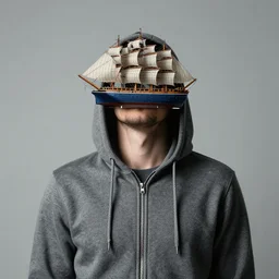 guy in zipped hoodie with a tiny ship for his head coming out from the hood
