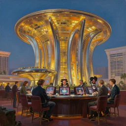 a megalit modern casino, tim hildebrandt, wayne barlowe, bruce pennington, donato giancola, trending on artstation, cinematic composition, beautiful lighting, hyper detailed, 8 k, oil on canvas