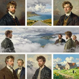 painting by sargent and leyendecker and greg hildebrandt, james gurney, apollinaris vasnetsov, savrasov levitan polenov, studio ghibli style, middle ages, above the layered low clouds big lake wide river road to sea bay view faroe azores overcast