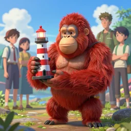 hero world atari, red orangutan as secret service agent, holding and shaking beauty model lighthouse as toy, behance hd by jesper ejsing, by rhads, makoto shinkai and lois van baarle, ilya kuvshinov, rossdraws global illumination