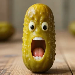 photograph of a pickle with a screaming face
