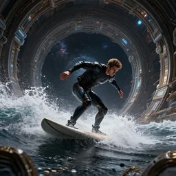surfing on the waves of time cosmic photorealistic, octane, hyper detailed, insane details, elite, highly detailed and intricate, sharp focus, photography, unreal engine ; halls of space by ben wanat