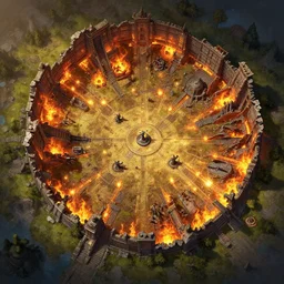 RPG battlemap of a ruined flaming battlefield, by Greg Rutkowski,