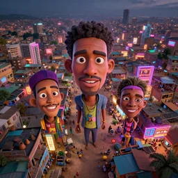 3 d vfx - caricature art of a bustling neon lit ajegunle slum in nigeria, unreal engine render, digital illustration, illustration style by mike winkelmann, sharp, intricate detail, volumetric light, ray tracing, soft light, colourful, vivian maier photo, claymation, fish eye lens, drone perspective, acrylic, cinestill 8 0 0 t,