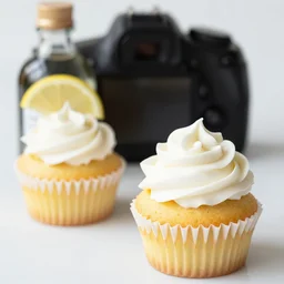 dslr food photography of a lemon cupcake white lemon creme topping and a bottle of lemon sauce on the side, narrow shot, hasselblad, 1 0 0 mm f 1. 8