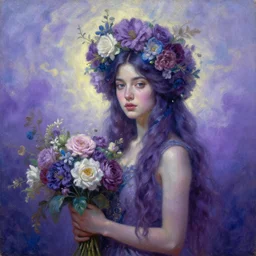 portrait oil painting, a beautiful young woman, purple and blue coloring, floral headdress bouquet, a bouquet of flowers, long hair, ultra realistic, wide angle, intricate details, artifacts, luminous skies, highly detailed, michael cheval, oil painting, highly detailed, cinematic lighting