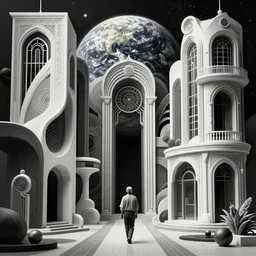 of a highly insane details of a photo of abstract architecture mixing between real and fake worlds, black saturated color, white color, walking towards planet earth in background, art nouveau, futuristic background, heavily detailed, intricate artwork by tooth wu, high contrast, sharp focus, blender, depth of field, aperture, 8 0 k,