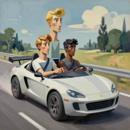 “an cubist hyper realistic futuristic painting of two men, a tall blond man and a dark haired man driving in a fast car. By Picasso, futuristic.”
