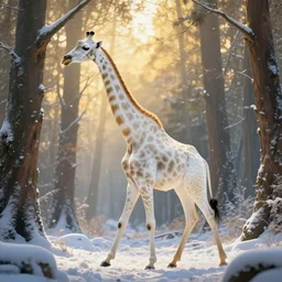 a beautiful long necked albino elk like creature with the body of a white spotless giraffe, walks thru an enchanted forest, majestic!!! beautiful!!!, ethereal!!!, loving, ultra realistic, winter, golden hour, volumetric lighting, sharp focus