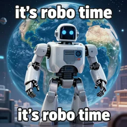 meme about ai taking over the world, caption reads it's robo time