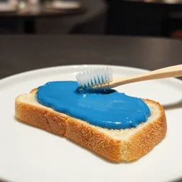 food photography of dish consisting of a toast with blue liquid spread over it and a toothbrush in a michelin star restaurant,