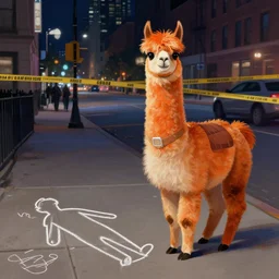 a digital painting of an orange llama wearing a 1 9 4 0's noire detective outfit, standing in the streets of chicago at night investigating a crime scene where a body outline is drawn in chalk on the sidewalk, digital art
