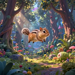a single realistic chipmunk, flying in a psychedelic forest, wide angle landscape shot, pixar style by tristan eaton, artgerm and tom bagshaw