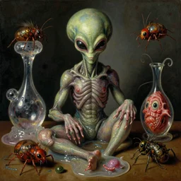 terrifying alienbody, lurid colorful oil painting dutch golden age vanitas still life balanced composition with malignant objects strange gooey transparent surfaces shiny metal reflections bizarre mutant meat insects rachel ruysch dali todd schorr very detailed perfect composition rule of thirds masterpiece canon 5 0 mm, cinematic lighting, photography, retro, film, kodachrome