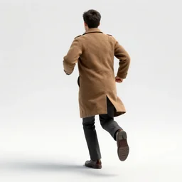 a man running away with his back to the viewer, full body view, coat, back view, isolated, hyper realistic, 3 d render