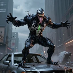Venom character standing on top of a destroyed car in an urban environment with his arms stretched wide, black slime, symbiote, sharp teeth, long tongue, green saliva, photorealistic by greghornart, DaveRapoza