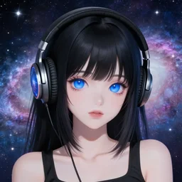 girl with black hair and blue eyes wearing headphones, galaxy background, anime, digital art, ultra detailed, 4K