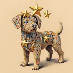 intricate five star hit dog stand by monica lee, colored pencil on paper, high detail, skin texture, photo realistic, hyperrealism, matte finish, high contrast, 3 d depth, masterpiece, vivid colors, artstationhd