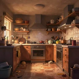 a messy kitchen interior painting by Craig Mullins, octane rendering, warm moody lighting, wide angle lens, low view, in the style of Pixar animation, trending on artstation,