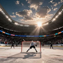 hockey player scoring goal in giant stadium full of fans