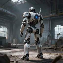 A futuristic robot soldier standing in an abandoned industrial factory, long shot from back, high quality digital art trending on ArtStation