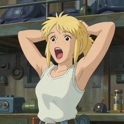 Character portrait of a tank top-clad blonde female airship mechanic stretching and yawning in her cramped bunk, steampunk, beautiful face, large eyes, highly detailed, cel shading, Studio Ghibli still, by Makoto Shinkai