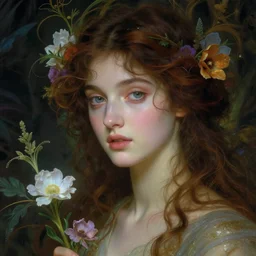 Beautiful Pre-Raphaelite goddess of nature in the style of John William Godward, close-up portrait, in focus, flowers and plants, etheric, moody, intricate, mystical,