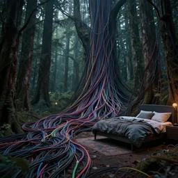 rgb wires, forest, cinematic, movie scene, inspired by zdzislaw beksinski, veins,, cables everywhere, bedroom, ultra realistic, concept art, intricate details, highly detailed, photorealistic, octane render, 8 k