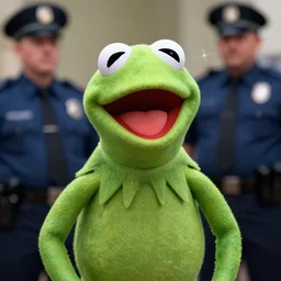 A beautiful hyper realistic detailed concept art portrait of Kermit the Frog screaming at a cop, center framing, soft focus, natural lighting, f2, 50mm, hasselblad, film grain, portrait lighting, light leaks