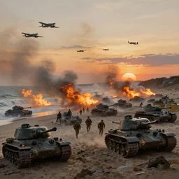 the normandy landings, d - day, 1 9 4 5, sunset, chaos, smoke, fire, soldiers charging in, airplanes bombing the beach, destroyed tanks, highly detailed, wide shot, sadness, cinematic, ultra realistic, ray tracing, painting by jessica rossier and ivan shishkin