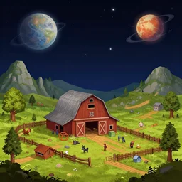 in a barn on a farm, on a remote planet, from a space themed point and click 2 d graphic adventure game, set design inspired by hg giger and tomb raider, art inspired by thomas kinkade