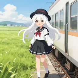 a cute anime girl with long white hair and a round hat wearing a black and white school uniform with a red ribbon standing on the edge of a moving train in the middle of grass fields on a windy and sunny day
