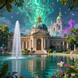 Neoclassical building with dome in the middle lake, next to a fountain and a mystical palace, illustrated by Greg Rutkowski and Gaston Bussiere, 35mm lens, beautiful macro close-up imagery, vibrantly lush neon lighting, beautiful volumetric-lighting-style atmosphere, a futuristic atmosphere, intricate, detailed, photorealistic imagery, trending on artstation, 4k, 8k