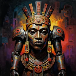 portrait of mecha african tribal chief, insibidi symbols, symmetrical, dramatic lighting, colourful, art by zdzislaw beksinski,
