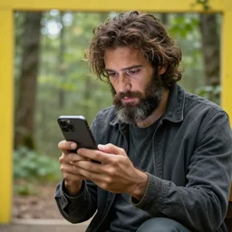 “photo an homo Neanderthal watching his iPhone , photojournalism, National Geographic style”
