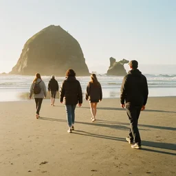 a candid style photography of people walking on an Oregon beach, natural lighting, golden hour, well lit, Kodak gold 200 film, trending on instagram