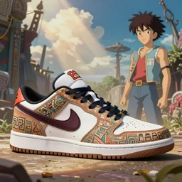 fantasy jrpg sneaker design designed by capcom megaman, chrono trigger guilty gear style, aztec mayan street fashion native punk sneaker design, focus on megaman hip hop sneaker design with subtle mayan patterns, gapmoe yandere grimdark, trending on pixiv fanbox, painted by greg rutkowski makoto shinkai takashi takeuchi studio ghibli, akihiko yoshida