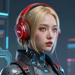 portrait of a blonde cyberpunk woman wearing red headphones, head and shoulders, digital art, by artgerm, by wlop, cgsociety, shock art, future tech, sci - fi, circuitry