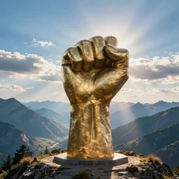 a monumental sculpture of a fist in a vast mountain landscape in the style of thomas cole, god rays, raytracing, 8k, octane render, volumetric, vivid, beautiful, hyperrealism”