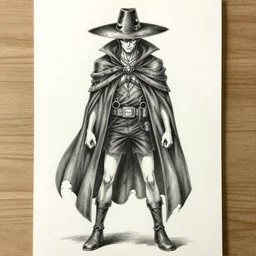 a full body shot of a demon necromancer by Takeshi Obata,direct gaze,wears shorts, wears a destroyed hat ,highly detailed,artstation,pencil at on paper.manga