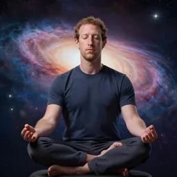 mark zuckerberg meditates in space, absorbing the energy of galaxies to create his metaverse, soft light, realism, maximum detail, high quality, good study of style, depth of field, focus, painting classicism and abstractionism