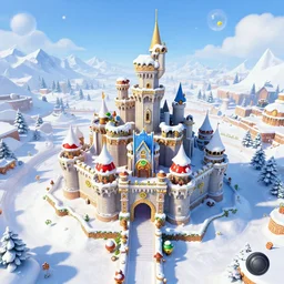 3D Mario 64 castle aerial view in the winter, 4k
