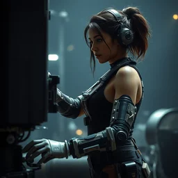 a barefoot rugged engineer jessica alba girl with cybernetic enhancements working assembling a satellite, scifi character portrait by greg rutkowski, esuthio, craig mullins, 1 / 4 headshot, cinematic lighting, dystopian scifi gear, gloomy, profile picture, mechanical, half robot, implants, steampunk