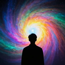 A photo of a silhouette of a person staring at the colour universe, 4K,