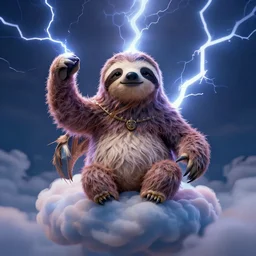 omnipotent zeus thunder - god hybrid with anthropomorphic sloth in the clouds with thunder xf iq 4, f / 1. 4, iso 2 0 0, 1 / 1 6 0 s, 8 k, raw, unedited, symmetrical balance, in - frame