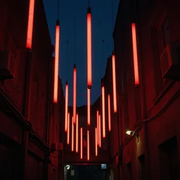 red fluorescent tubes suspended above a city alleyway, beautiful lighting installation inspired by lumiere, night time!!!!!! photography, dramatic lighting